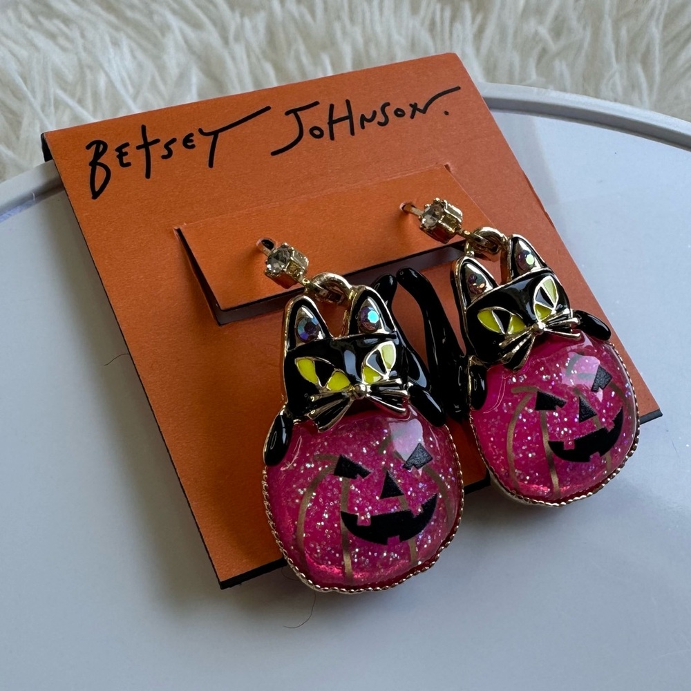 Betsey Johnson Rare Halloween Pink Pumpkin Black Cat Earrings - Picture 6 of 12
